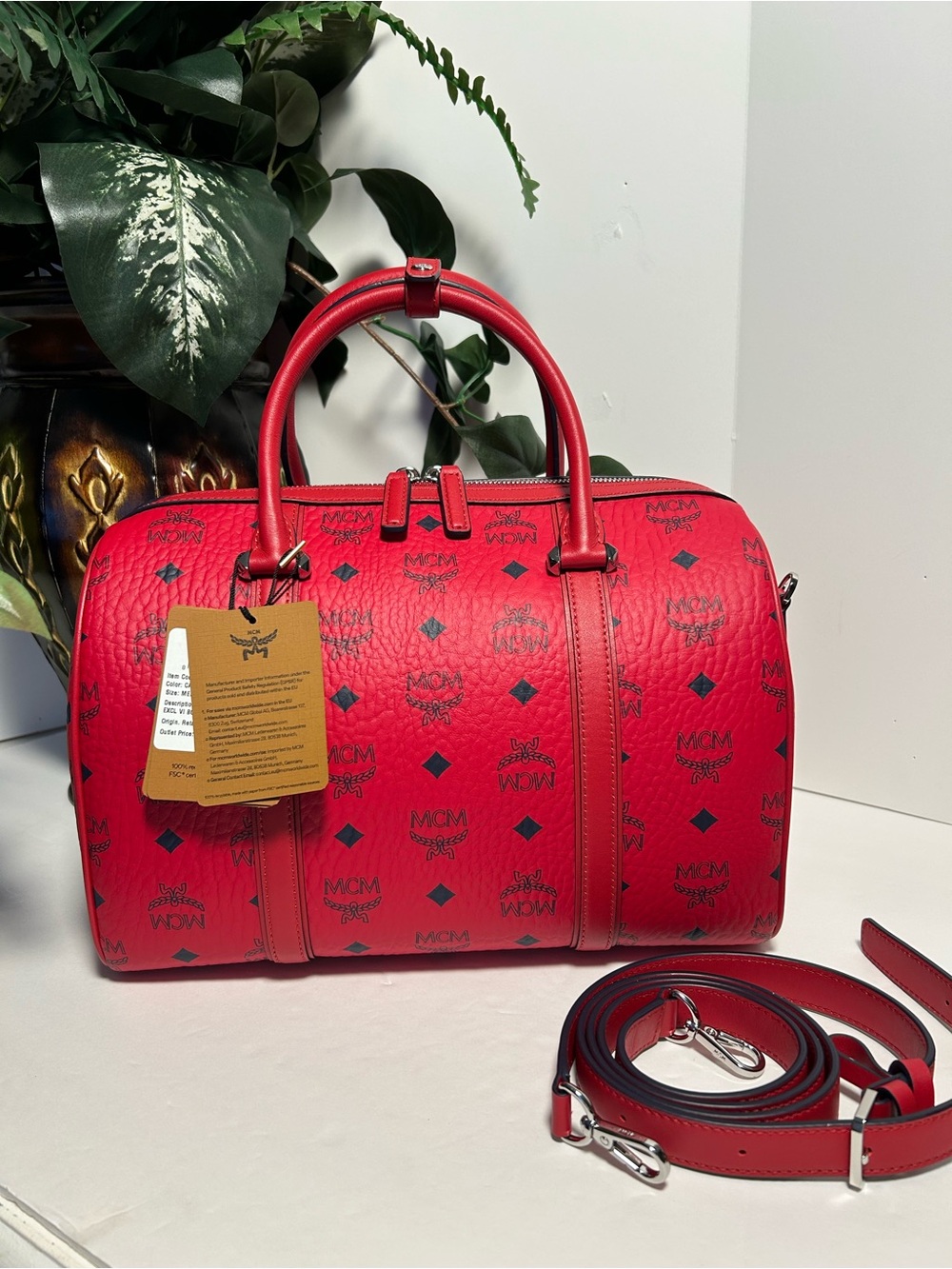 MCM Red Visetos Logo Boston Bag-NWT WITH COA! - Picture 3 of 11